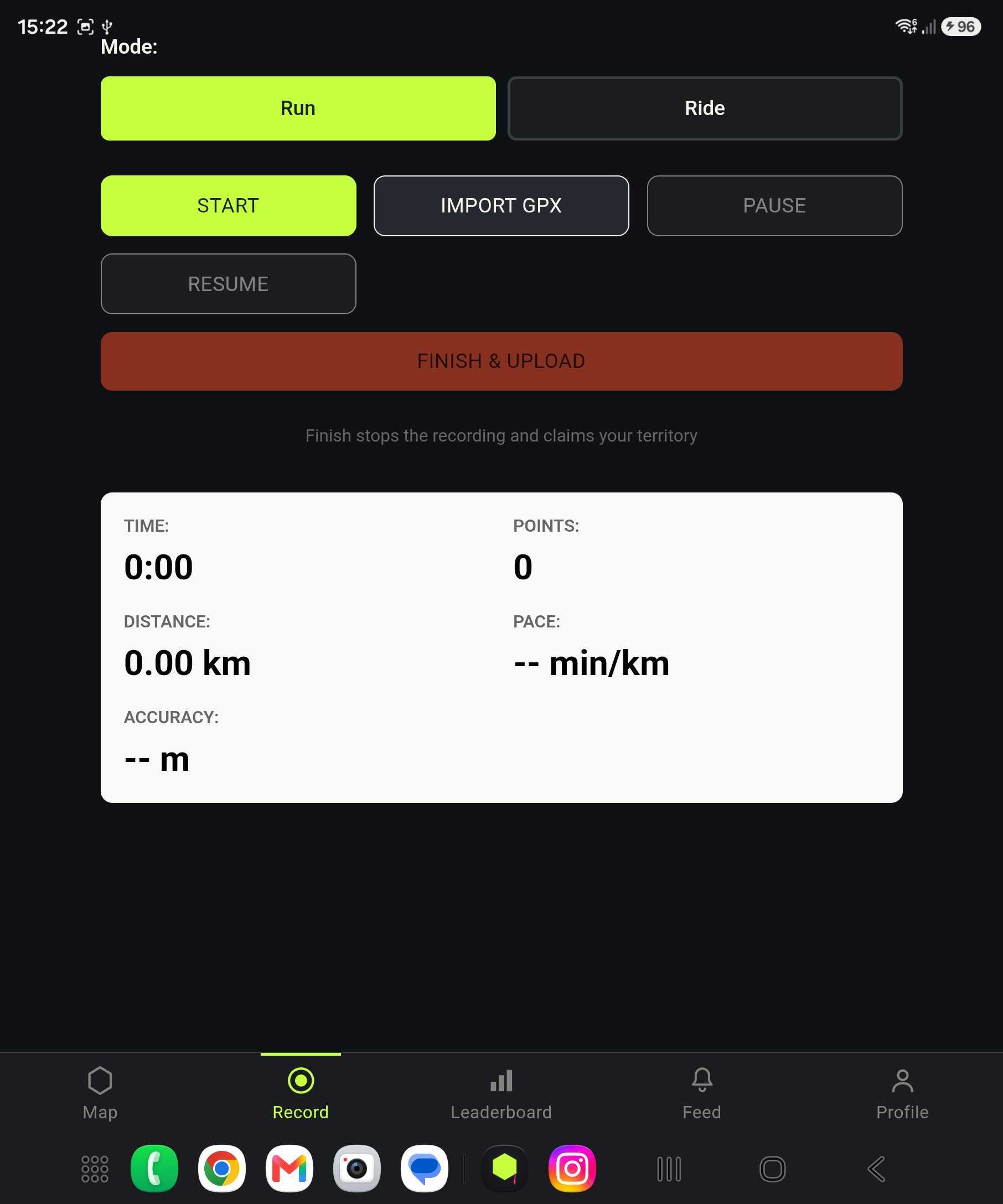 OpenTurf activity recording screen with run and ride mode toggle